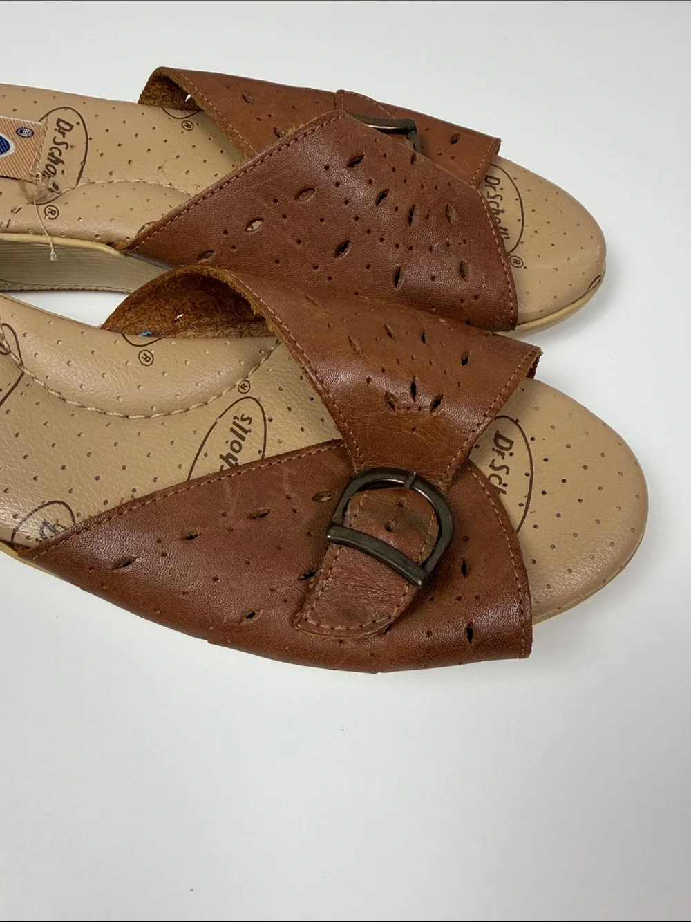 Dr. Scholl’s Brown Leather Sandals Women 8.5 Comfort Buckle Mules Casual Slip On